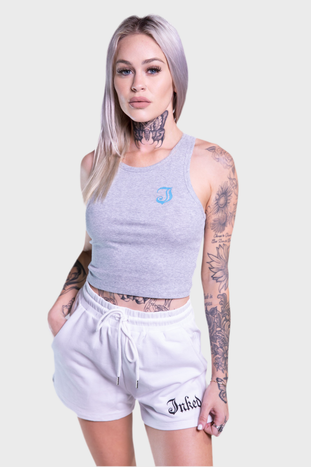 Women&#39;s Inked Icon Logo Crop Tank - Grey/Blue