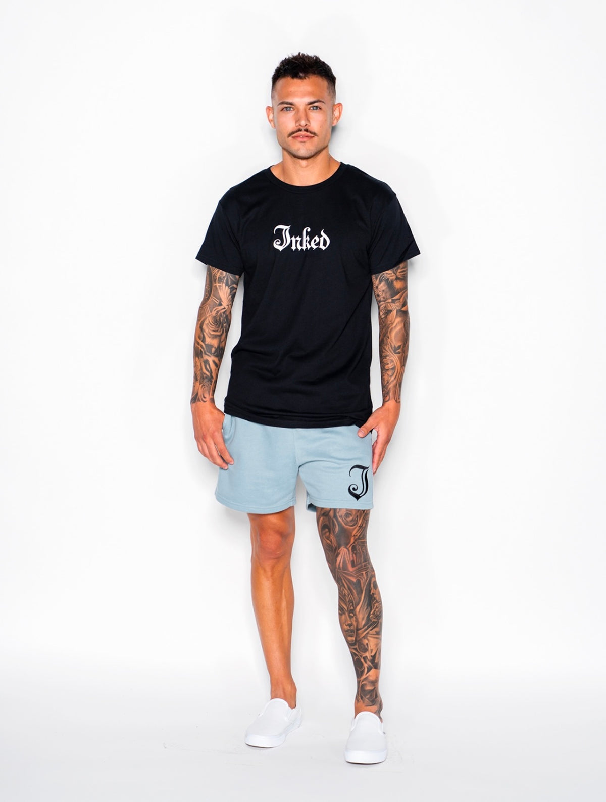 Men&#39;s Inked Cotton Shorts-Steel Blue