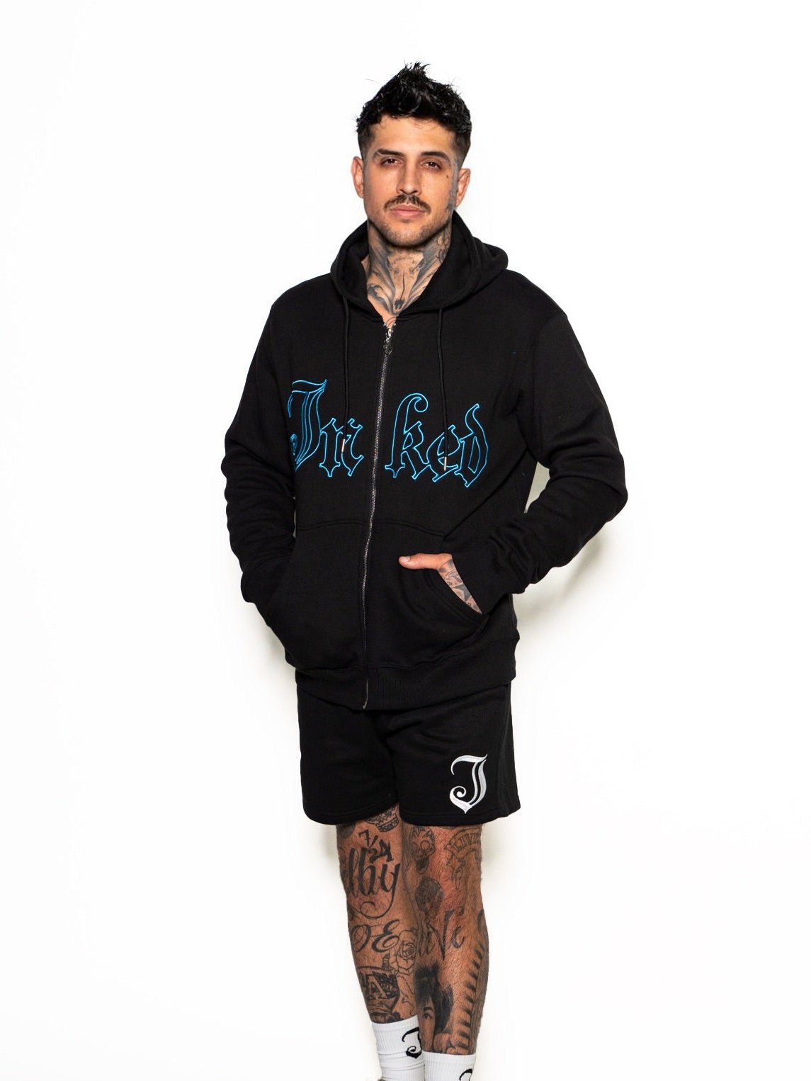 Men&#39;s Inked Embroidered Zip Up Hoodie - Black/Blue