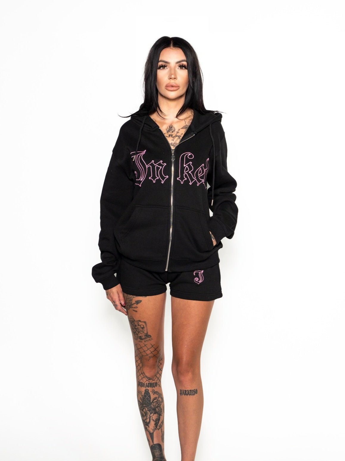 Women&#39;s Inked Embroidered Zip Up Hoodie - Black / Pink