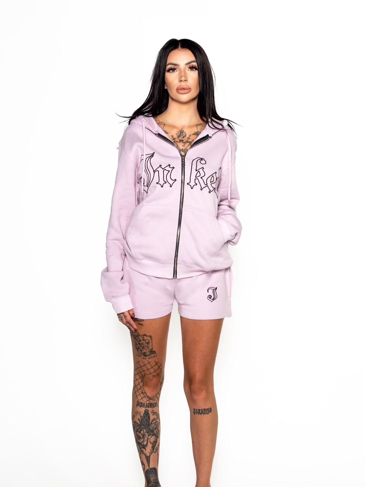 Women&#39;s Inked Embroidered Zip Up Hoodie - Pink/Black